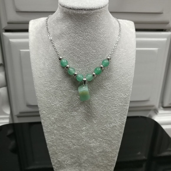 Green Aventurine Necklace Natural Gemstone Pendant Stainless-Steel Chain Beaded - Picture 4 of 17